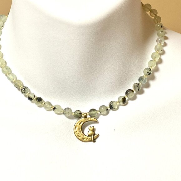 Genuine Prehnite Bronze Cat on the Moon Necklace, Gemstone Beaded Necklace - Picture 2 of 11